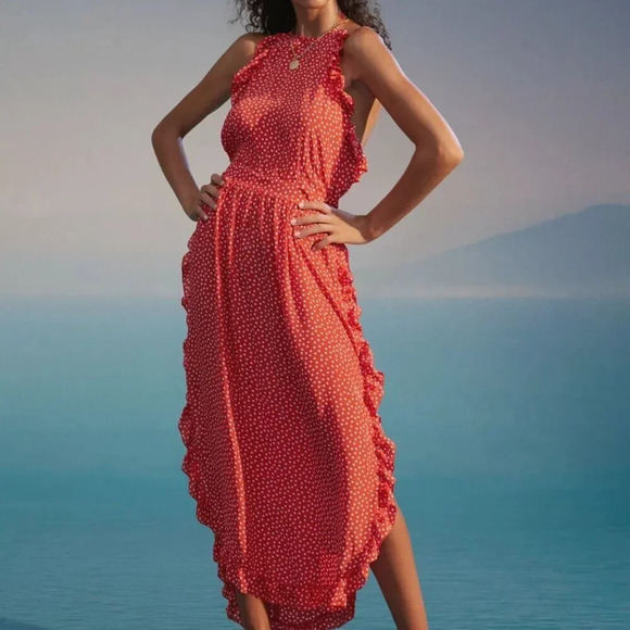 See by Chloe Polka Dot Silk Blend Tie Neck Ruffled Midi Dress Sz: EU 34/US 0-2
